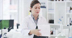 Science, laboratory and woman with checklist writing experiment, data analysis or test results. Clipboard, research and medical scientist from Canada recording or write notes on document or paperwork