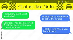 Ordering a taxi online. Messaging app animation with text bubbles simulating a real chat between users.