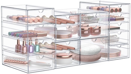 Sorbus Clear Acrylic Makeup Organizer, 4-Piece Stackable Storage, 16 Drawers