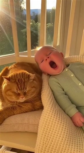 Cat Yawns, Baby Copies 😴🐱👶 | Heartwarming Baby & Cat Moment in Sunlight | 4K