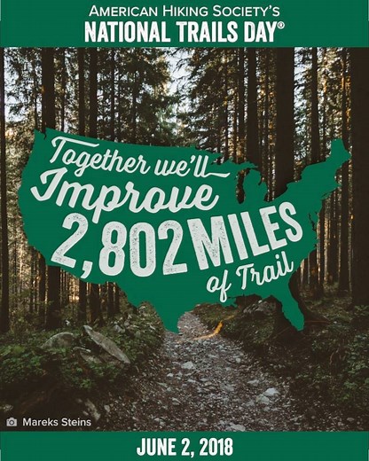 National Trails Day® is Saturday, June 2! Join this historic event and leave the trail better than you found it! In a single day, we'll collectively improve 2,802 miles of trail—the distance across the US. americanhiking.org/national-trails-day/ Thank you to all our National Trails Day sponsors: Columbia Sportswear, Eddie Bauer, Merrell, Nature Valley, Osprey Packs, Popular Mechanics, REI, Save the Redwoods League, and Wiivv. And our federal partners: U.S. Forest Service, National Park Service, 