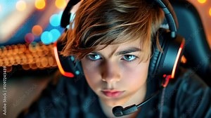 Teenager immersed in a computer video game in a dark room, highlighting cybersport gaming and childrens gaming addiction.