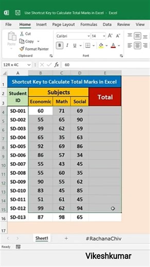 Use Shortcut Key of SUM function to Calculate Total Marks in Excel#shorts#excel #excelbasic