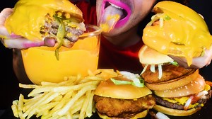 4.9K views · 128 reactions | ASMR MESSY MCDONALD'S CHEESE SAUCE FEAST ! * mukbang no talking * nomnomsammieboy Cheeseburgers, french fries, fred chicken, and tons of cheese sauce dipping messy eating mukbang asmr action! #asmr #food #mukbang | Nomnomsammieboy | Facebook