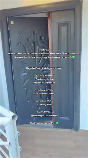 #Pipeline...Single Self...600Ghc💵 Per Month Including Water 🌊 Bill Zoomlion And Cleaning🧹For The Year Gated House Just Roadside Be Fast🏃🏾🏡✅ Mandela’s Properties & Delivery Services 🏡 Real Estate Agent • Apartments for Rent • Houses & Land for Sale 🏍️ Delivery Services • Fast & Reliable Delivery 🛋️ Furniture Works 🖌️ Painting Works 📞 Call: 053 078 3669 💬 WhatsApp: 050 179 9973 Quality service you can trust ✅