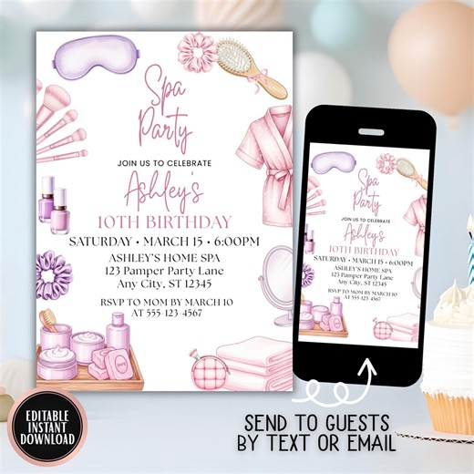 Spa Party Birthday Invitation, Girls Pamper Party Invite, Tween Sleepover, Editable Template - Etsy