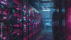 Moving animation of Digital currency mining farm with rows of mining rigs