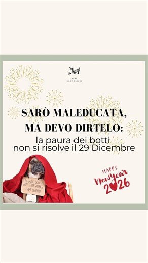 Laura Occhini • HR mng & Educatrice cinofila on Instagram: "La paura dei botti non si risolve il 29 dicembre. In commercio esistono capsule, gocce, integratori e prodotti “calmanti”. Possono attenuare il disagio nel momento, ma non risolvono la paura. ❤️‍🩹La paura è un’emozione profonda. E come tutte le emozioni, si lavora nel tempo, con un percorso costruito sull’individuo, non con soluzioni last minute. 🐾 Se il tuo cane ha paura: • non lasciarlo solo • lascialo scegliere dove rifugiarsi • no