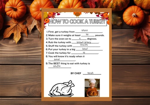 Thanksgiving Turkey Recipe Activity | Funny Fill-in-blank Worksheet Printable - Etsy