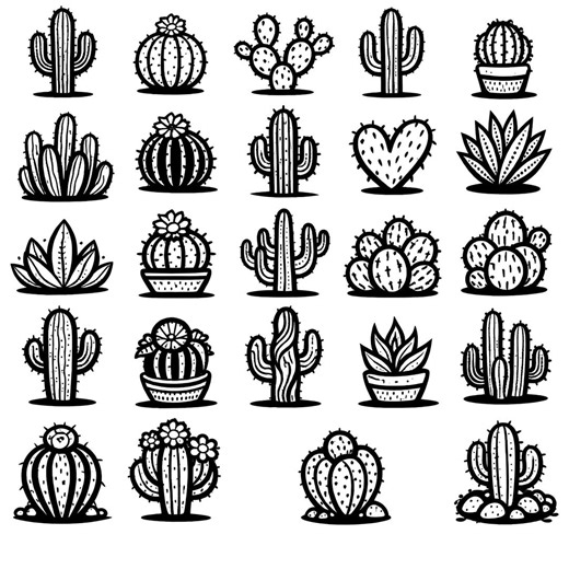 Cactus SVG Icons Bundle – 24 Unique Black Outline, Bold Line Art, White Background, Cricut and Silhouette Cut Files - Etsy
