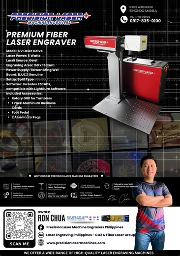 Premium Fiber Laser Engraver | Precision Laser Machine Engravers Our Fiber laser machine can mainly engrave METALS such as but not limited to stainless steel, aluminum, brass, copper, titanium, plastics etc. --------------------------------------------------- For orders and inquiries, Please CALL us, or MESSAGE us Ron Chua | Owner 0961-752-0120 Office Warehouse Binondo Manila --------------------------------------------------- Premium Fiber Laser Engraver Specification: •Model: Fiber Laser Galvo