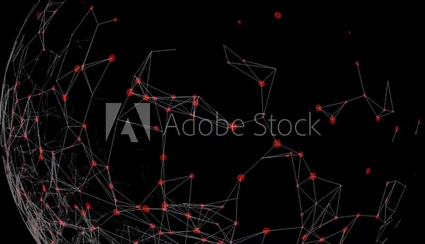 Dynamic visualization of a complex network forming a spherical shape. The animation features red circular nodes connected by thin white lines (plexus effect) that pulse and shift against a black backg