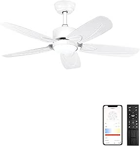Ceiling Fan with Light Remote Control - 42 Inch Dimmable Outdoor Ceiling Fan for Bedroom Porch Patio Office Kitchen, LED Light, Quiet Reversible DC Motor, APP Control, 6 Speed, Modern (White)