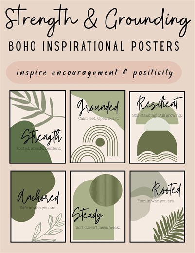 Strength & Grounding Boho Wall Art Set | Calming Green Plant Prints | Inspirational Quotes | Printable Boho Digital Download - Etsy