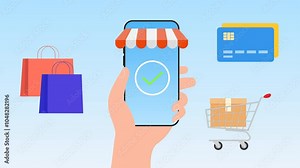hand holding phone online shopping smartphone application animation mobile apps