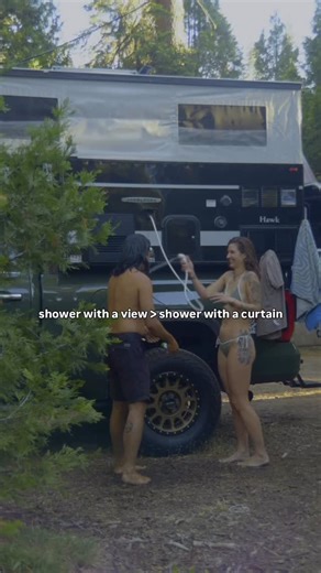 Four Wheel Pop-Up Truck Campers on Instagram: "Hot showers in nature hit different 🚿 Sure, a couple days with no showers and some wet wipes can get you by…but eventually you’ll want a proper shower. Our exterior shower with on demand hot water heater is the most popular choice for FWC owners. And if you’re not all alone in the backcountry, we do offer a mounted privacy enclosure for showering and portable toilets. Keywords: truck camper showers, pop up truck camper with shower, truck camper bat