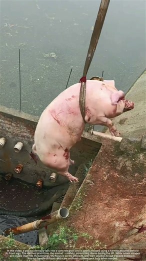 Safe Pig Rescue : Using a Crane Harness to Lift Trapped Animal from Concrete Pool