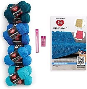 Red Heart Super Saver Yarn Crochet Kit for Beginners, 198G, Cool Blue Colors