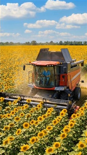 Beautiful Sunflower Field Harvest Using Harvester Machine
