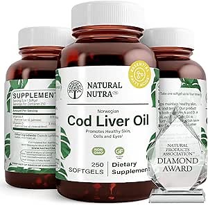 Natural Nutra Norwegian Cod Liver Oil Supplement, Helps to Maintain Skin, Helps Maintain Body Density, Eye Health & Nerve Function, Promotes Dental Health, Supports Cardiovascular Health, 250 Softgels