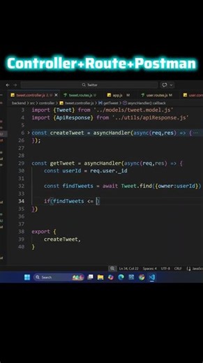 Build Tweet-Like API: Controller + Route + Postman Test #shorts