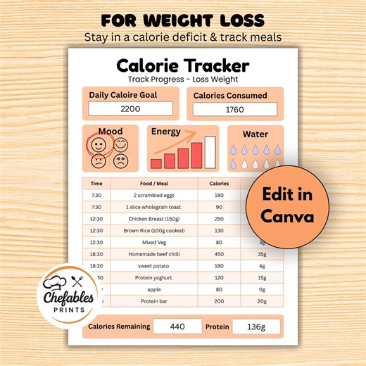 Calorie Tracker Printable Daily Weight Loss PDF, Food Log Planner Canva Editable A4 US Letter, Nutrition Chart Visual Aid - Etsy