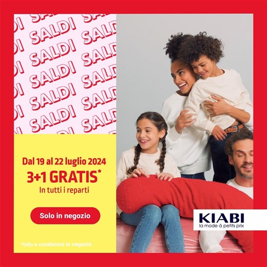 PROMO SALDI 🚨 Ogni 3 articoli in saldi acquistati, il 4° è gratuito! Approfitta della promo attiva solo nei negozi KIABI fino al 22 luglio. 3 1 gratis*in tutti i reparti su articoli segnalati. *Info e condizioni in negozio Scopri i negozi -> https://shorturl.at/0vWjP #kiabi_italiaofficial #sales #saldi | Kiabi