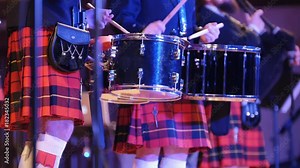 Traditional scottish band musicians singing with bagpipes and drums on the stage Stock Video