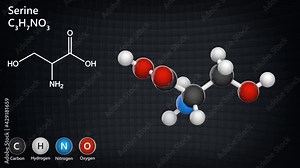 Serine (symbol Ser or S)is an amino acid that is used in the biosynthesis of proteins. Formula: C3H7NO3. 3D render. Seamless loop. Chemical structure model: Ball and Stick.