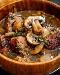Steak and ale soup with mushroom 🍄 Ingredients Steak: 2 ribeye steaks (approx. 1 lb each), cubed. Mushrooms: 1 lb sliced mushrooms (cremini or white button). Vegetables: 2 small white onions (sliced), 4 cloves garlic (pressed). Liquid: 1 cup amber ale (e.g., Fat Tire) and 6 cups beef stock. Pantry: 4 tbsp all-purpose flour (divided), 2 tbsp butter, 2 tbsp olive oil. Herbs/Spices: 1 tsp Italian seasoning, 1 tsp fresh thyme, 1 tbsp fresh parsley, salt, and black pepper. Instructions Sear the Stea