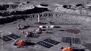 Moon base. Development of the surface of the moon, construction of the base. Colonization of the planet. 3D rendering.