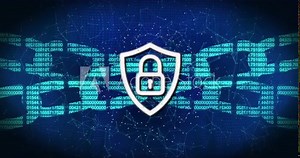 Animation of padlock icon and chain with data processing over connections on black background