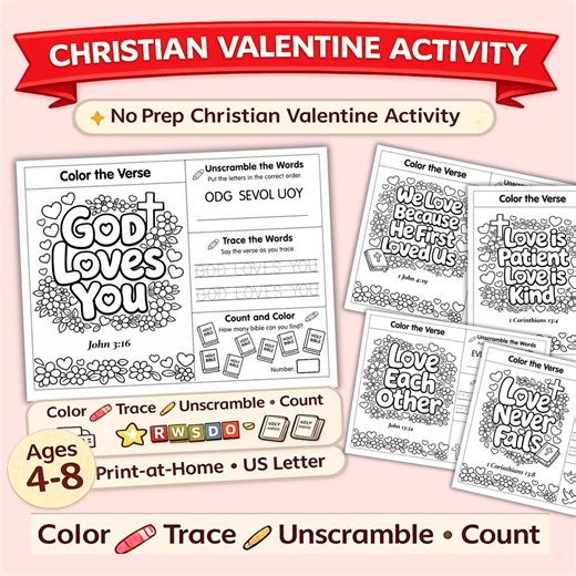 Christian Valentine Printable for Kids | Bible Coloring & Activities | God Loves You | Ages 4–8 - Etsy