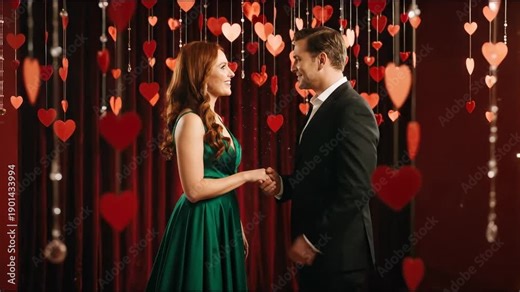 Elegant man in a suit smiling happily in a romantic setting with red heart decorations and shimmering particles