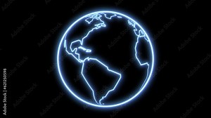 2D animation of the blue glowing outline cartoon planet Earth isolated on a black background. Rotating black planet in flat design. Good for education, business film, modern explainers, or infographic