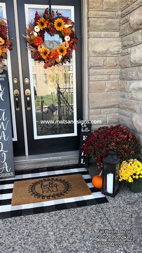 A beautiful fall plrch is incomplete without our custom pumpkins & wood signs #falldecor #frontporchdecor #halloweendecor #homedecor #porchwoodsigns