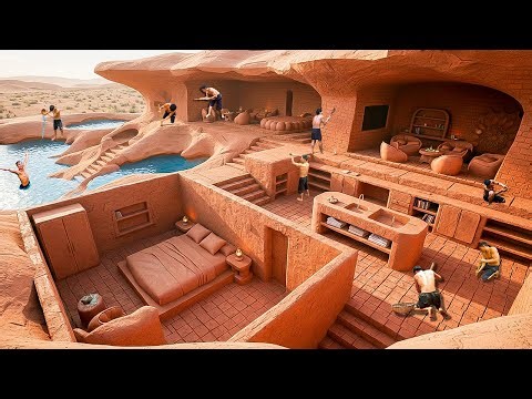 Building a Massive Desert Rock Cave House with Natural Pools Using Primitive Tools