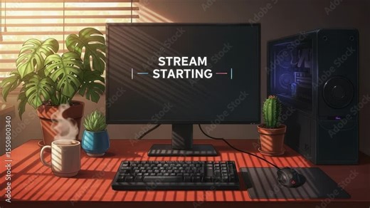 Streamer's Setup. Cozy Home Office Ready for Broadcast. Stream starting soon screen, overlay loop, animated virtual backgrounds, cozy lo-fi gaming room view. vtuber asset twitch zoom OBS.