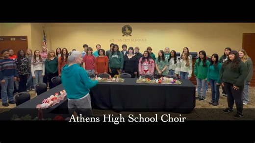 ATHENS CHOIR TOUR 🎶 Our Athens High School and Athens Middle School Choirs took their show on the road recently, sharing the gift of music across #oneAthens, including a special stop at Central Office! More than 100 of our talented #goldeneagles participate in the Athens Choirs. The Athens High School Choir is under the direction of Mrs. Teresa Edwards, and the Athens Middle School Choir is led by Mrs. Stacy Owens. Take a moment to enjoy the beautiful sounds of holiday cheer from our AHS Choir 