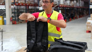 Mature caucasian man using a scanner to read a product's code in a warehouse