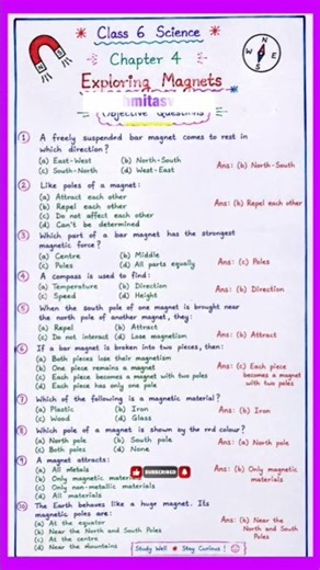 Class 6 Science Chapter 4 Exploring Magnets MCQs | 10 Important Questions with Answers | Curiosity