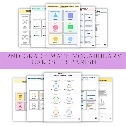 2nd Grade Math Vocabulary Cards Spanish: Bilingual Printable Worksheets (PDF) - Etsy