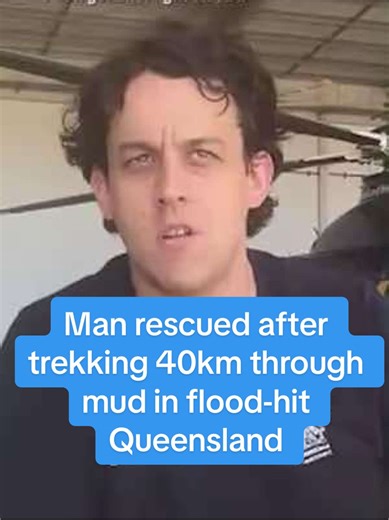 A man walked almost 40km in knee-high mud after his car became bogged in flood-hit Queensland. Video supplied by Life Flight via AAP #ACMNational #qldfloods #qld #lifeflight #rescue