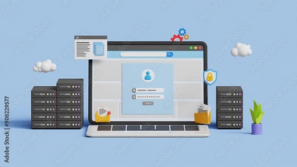 Cloud computing, cloud technology concept. Data server, remote database storage, data centre, saas. 3D laptop with online data storage log in page. 4k 3d animation. Trim first 3 sec for loop