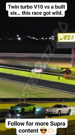 64K views · 1.8K reactions | A twin turbo V10 Lamborghini Huracán Performante lines up against a built MKIV Supra at Texas Motorplex. Two completely different worlds, one insane race. High boost, high stakes, and a whole lot of respect between both cars. This is the kind of run that keeps you addicted to racing. #reelsviralシ #fypシ゚viralシ #foryouシpage #viralreelschallenge #reelsvideo #reelsfb #fypシ #turbo #jdmnation #2jz #supra | Supra Mkiv | Facebook