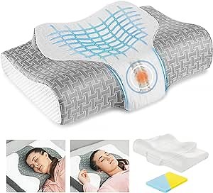 Elviros Cervical Memory Foam Pillow, 2 in 1 Contour Orthopedic Support Pillows for Neck Pain, Adjustable Ergonomic Bed Pillow for Side, Back and Stomach Sleepers, Queen Size