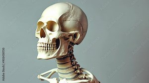 Realistic human skull side view on gray background, anatomical study concept Stock Video