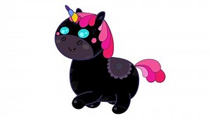 Cartoon isolated kawaii black unicorn walking character. Sweet fantastic pet animal. Good for any movie, presentation, etc... Funny sweet and cute children animation. Alpha matte, seamless loop.