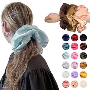 Oversized XXXL Jumbo Satin Hair Accessories for Women & Girls - 18 Colors Giant Silk Scrunchies, Elastic Ponytail Holders for Thick Hair