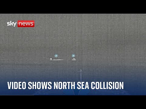 Moment container ship crashes into US oil tanker in North Sea